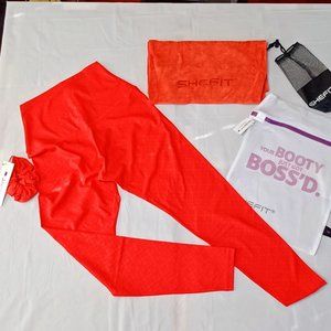 NWT SHEFIT Medium Rush Red Leggings + Workout Towel+ Wash Bag Compression